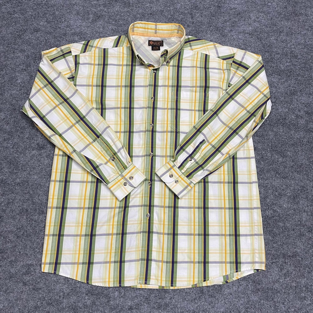 Ariat Shirt Mens XL Yellow Green Plaid Button Down Long Sleeve Mesh Vent Western